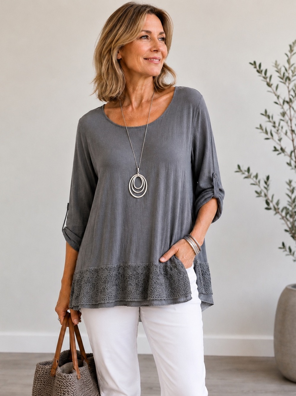 Joseph Ribkoff Gray Lace Hem Tunic Top Large Lightweight Roll Tab Sleeve Boho
